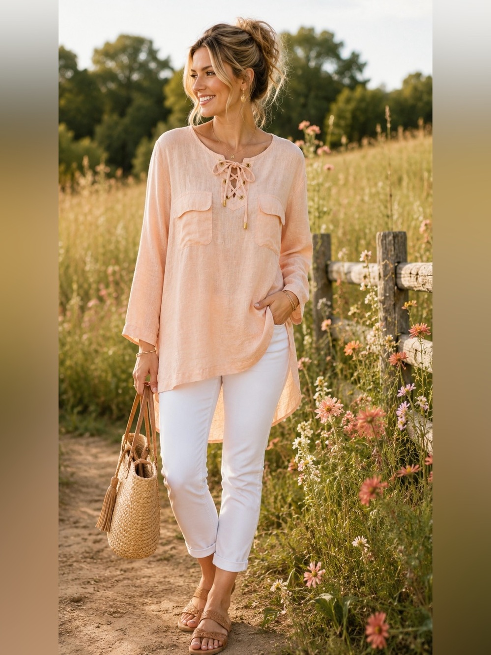 Ellen Tracy Coral Linen Lace Up High Low Tunic XL
